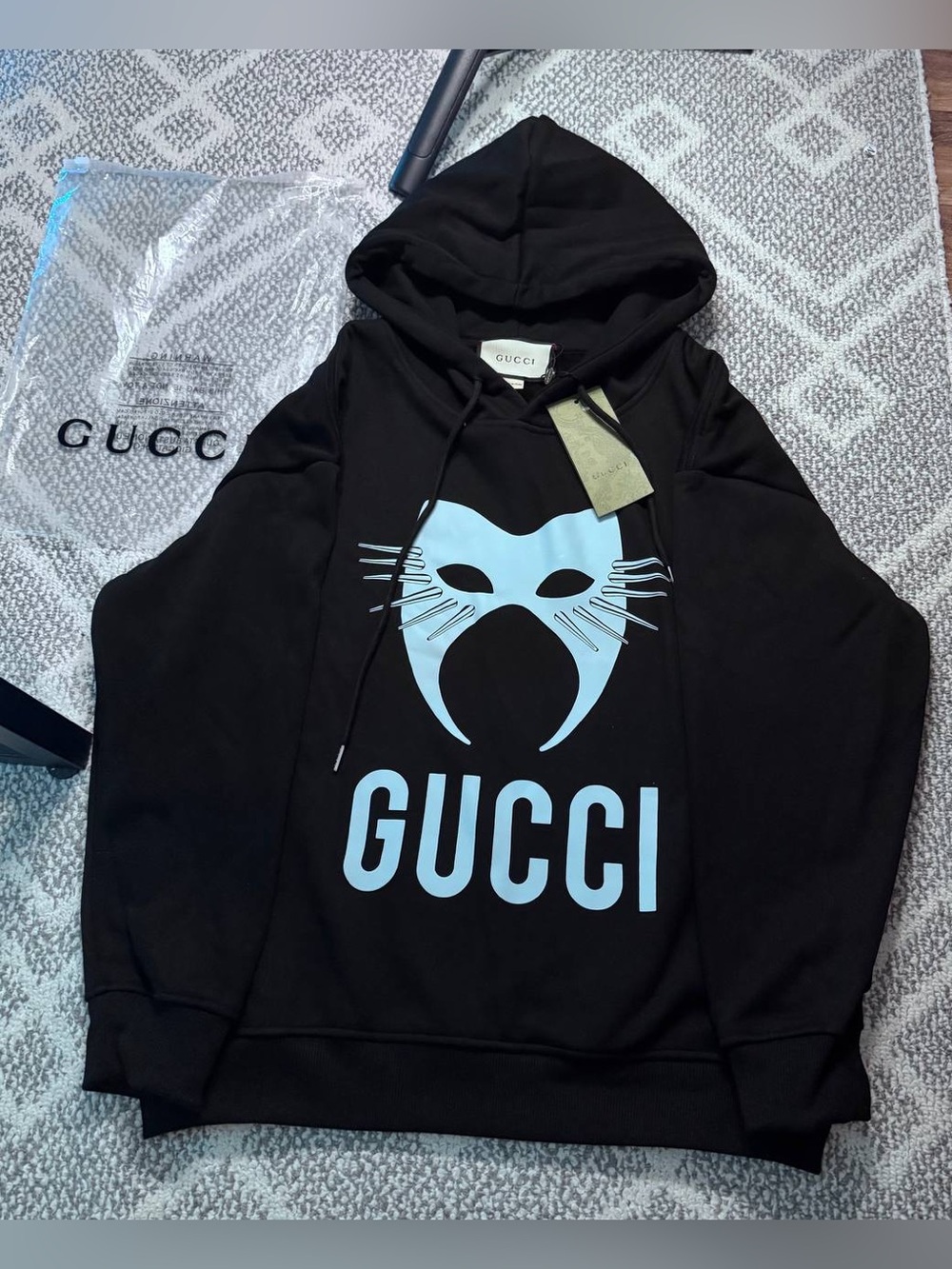 Gucci Black Hoodie with Light Blue Cat Mask Graphic
